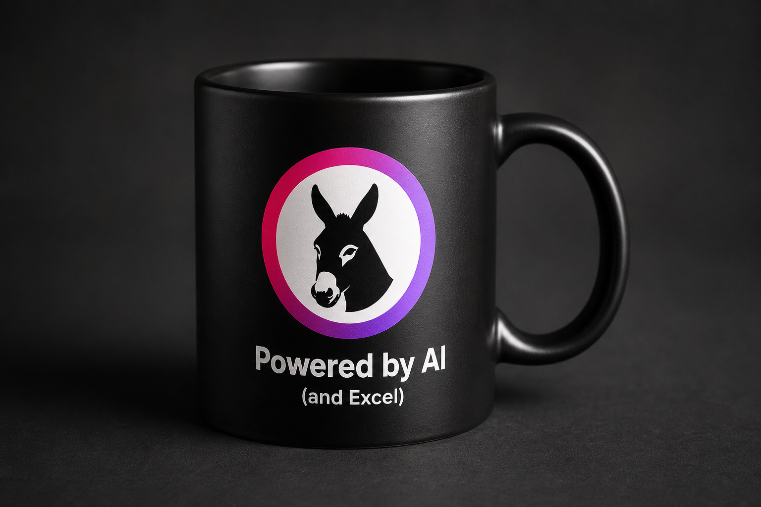 Black mug: Powered by AI (and Excel)
